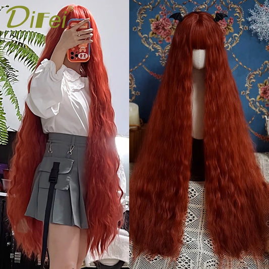Pelucas sintéticas de pelo largo ondulado de 120cm para mujer, peluca Coaplay Lolita roja y marrón con flequillo, pelucas de cabello Natural para mujer, fibra resistente al calor