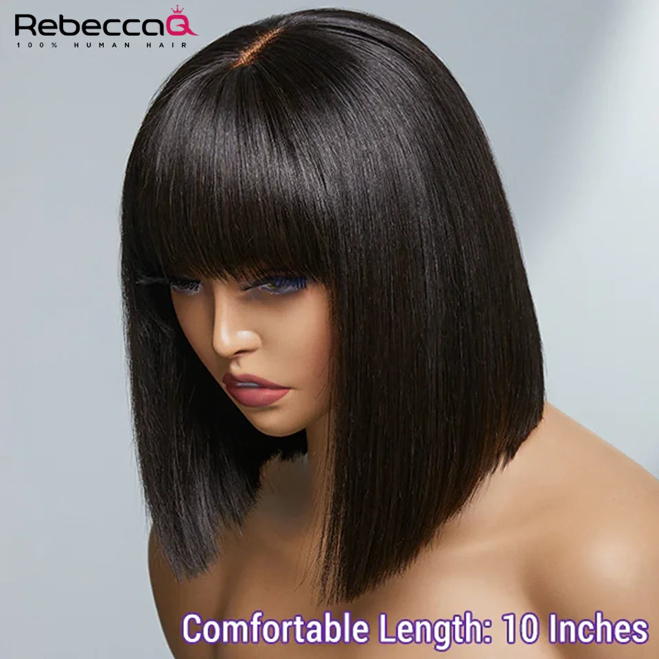 Short Bob Wig With Bangs Glueless Human Hair Wig Ready to Go Straight Hair Bob Wigs Brazilian Remy Full Machine Wigs for Women