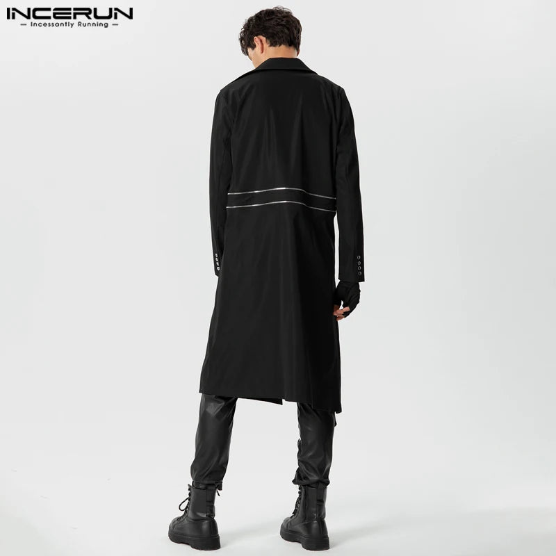 Men Trench Solid Color Lapel Long Sleeve Zipper Loose Long Style Coats Streetwear 2023 Fashion Casual Male Windbreaker INCERUN