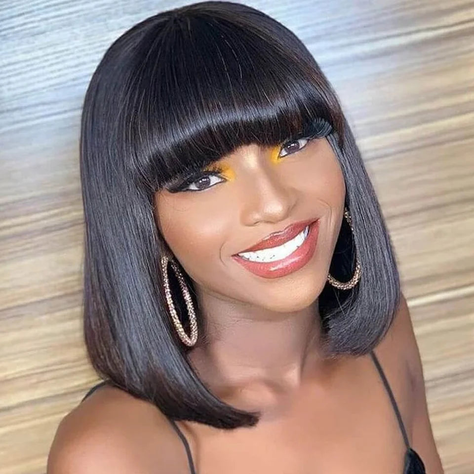 Short Bob Wig With Bangs Glueless Human Hair Wig Ready to Go Straight Hair Bob Wigs Brazilian Remy Full Machine Wigs for Women