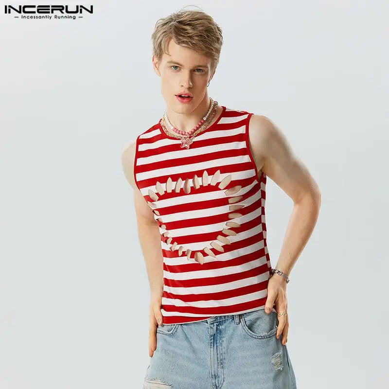 INCERUN Männer Gestreiften Tank Tops Aushöhlen Oansatz Ärmelloses Mode Männlichen Westen Streetwear Sommer 2024 Sexy Männer Kleidung S-5XL