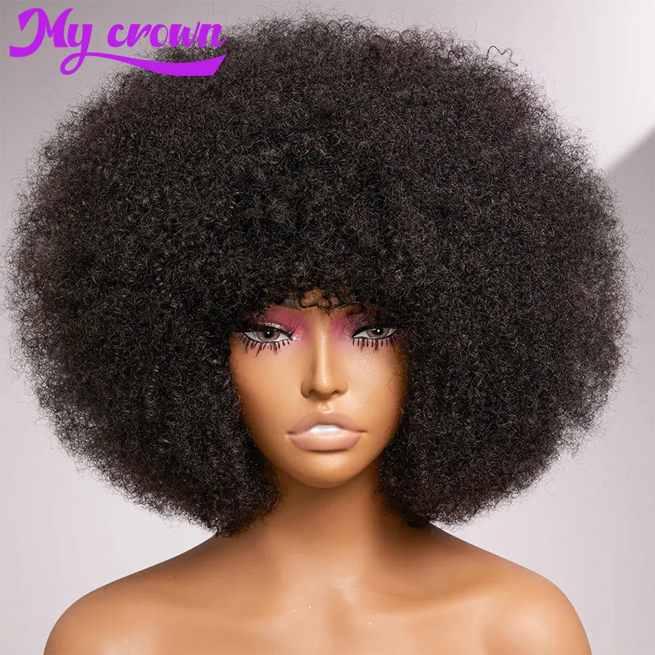 European Flag Fluffy Afro Kinky Curly Human Hair Wig With Thick Bang Natural Wigs For Black Women 180% Density Full Machine Hair