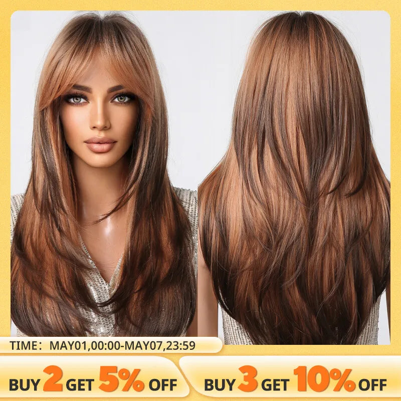 Brown to Light Ash Brown Blonde Wigs with Bangs Layered Synthetic Wigs for Women Long Natural Hair Cospay Party