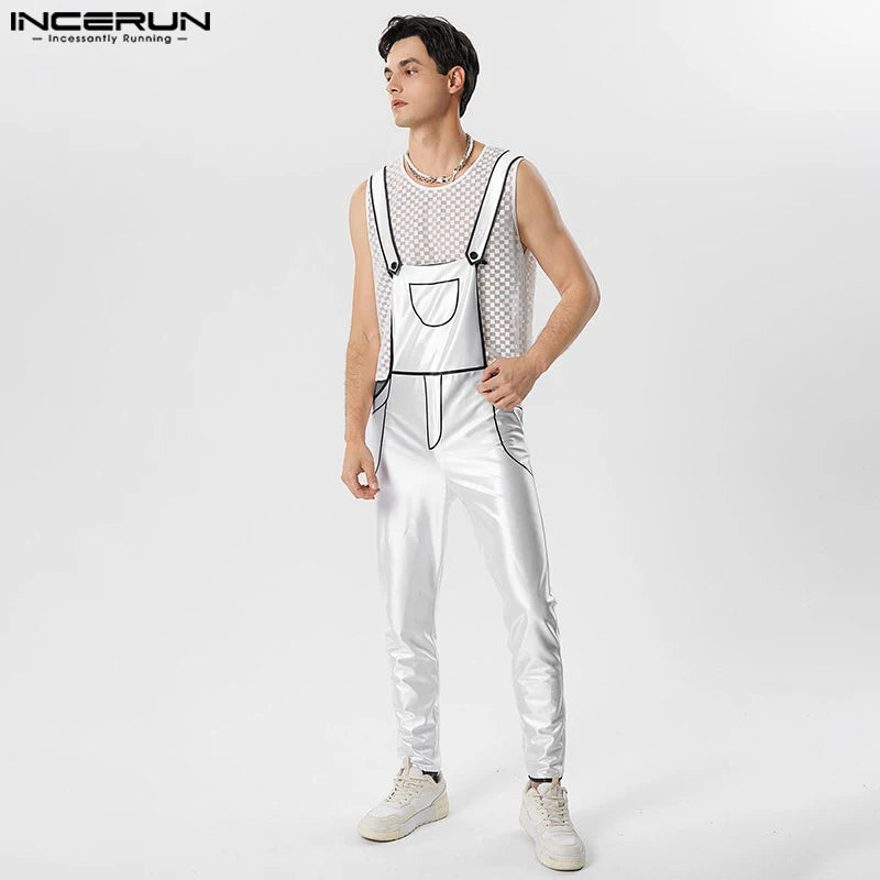 INCERUN 2023 Men Jumpsuits Patchwork Sleeveless Streetwear Suspenders Rompers Pockets Fashion Male Straps Overalls Pants S-5XL