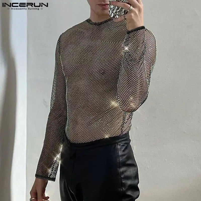 Party Nachtclub Stil Tops INCERUN Neue Männer Glitter Mesh Durchsichtige Camiseta Sexy Männlichen All-match Langarm Dünne T-shirts S-5XL