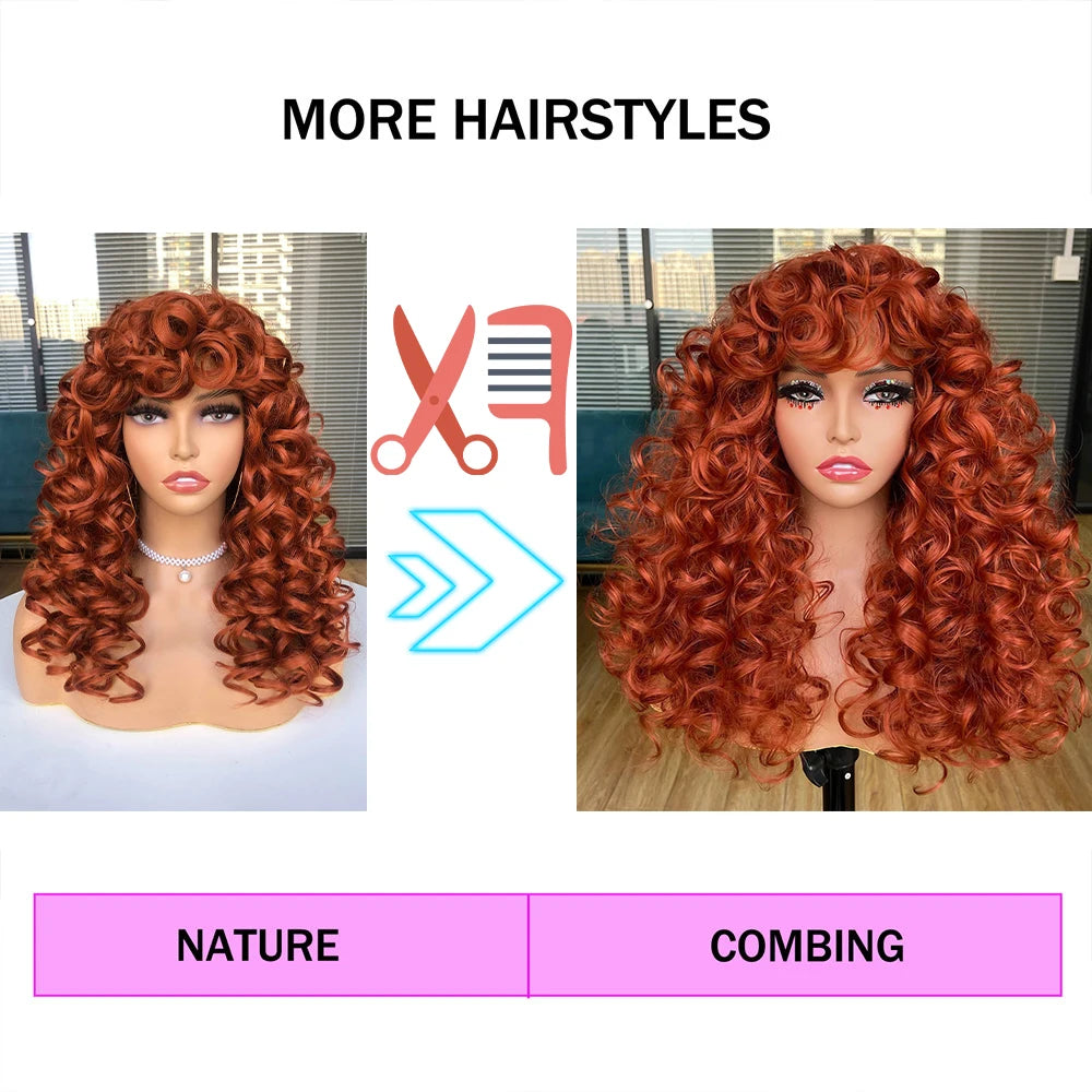 Red Brown Copper Ginger Short Curly with Bangs Synthetic Wigs for Women Natural Wave Wigs Heat Resistant HIHOO Hair Cosplay Hair