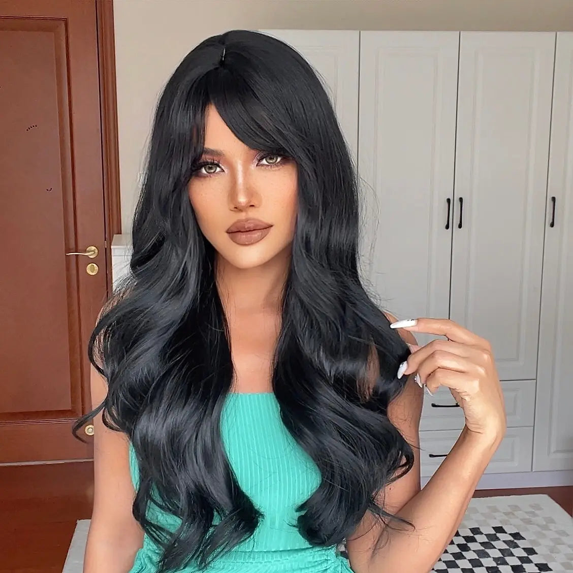 Long Black Wavy Synthetic Wigs with Bangs for Women Body Wave Wigs Cosplay Daily Natural Use Hair Heat Resistant