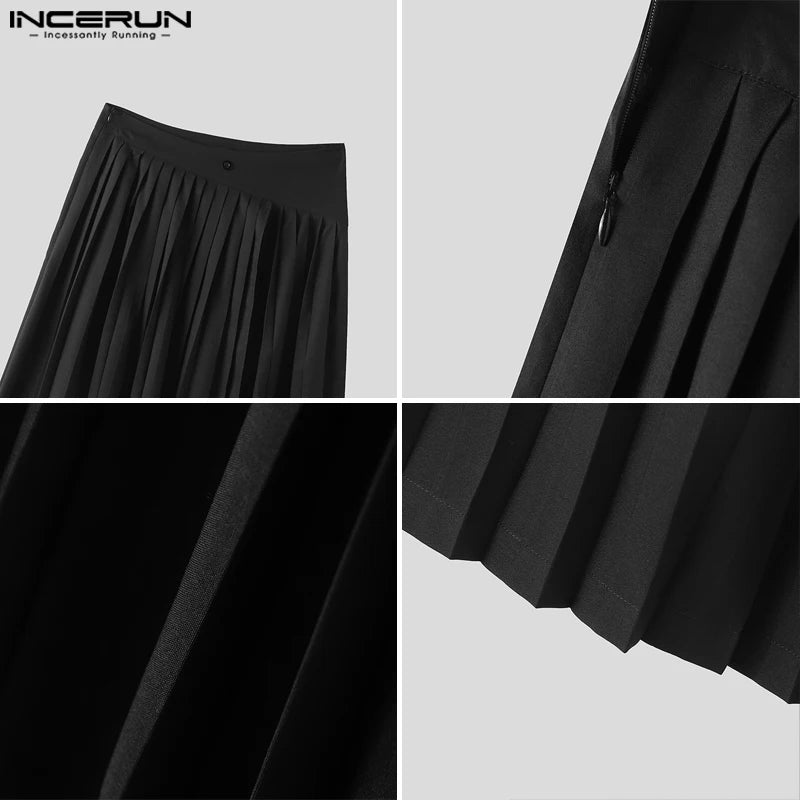 2023 Men Skirts Pleated Zipper Solid Loose Fashion Casual Unisex Irregular Skirts Pants Streetwear Split Men's Bottoms INCERUN