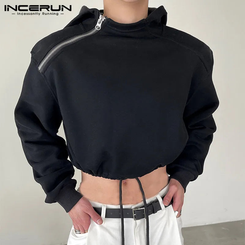 INCERUN Men Hoodies Solid Color Zipper Hooded Long Sleeve Streetwear 2023 Fashion Casual Sweatshirts Personality Crop Tops S-5XL