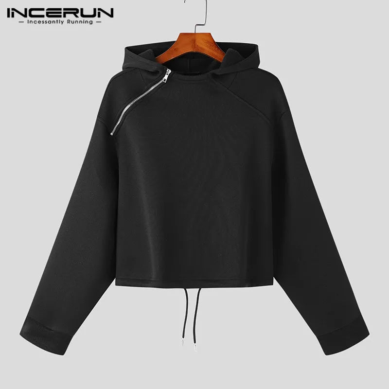 INCERUN Tops 2023 Korean Style New Men High-waisted Drawcord Hooded Casual Streetwear Solid All-match Zippered Sweatshirts S-5XL