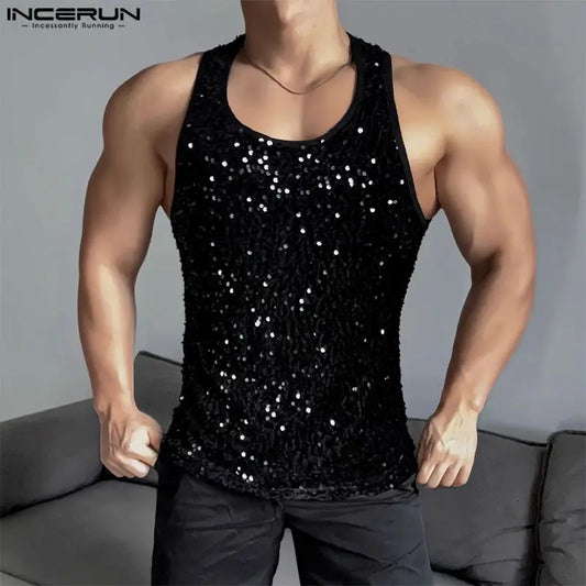 2024 Men Tank Tops Sequins Sparkling O-neck Sleeveless Summer Fashion Male Vests Streetwear Party Casual Men Clothing INCERUN