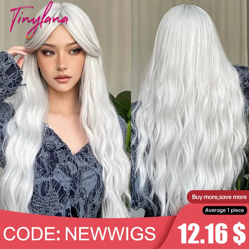 Ash Gray Platinum Long Curly Synthetic Wigs with Bangs for Women Afro Deep Wave Cosplay Lolita Wig Natural Hair Heat Reisitant