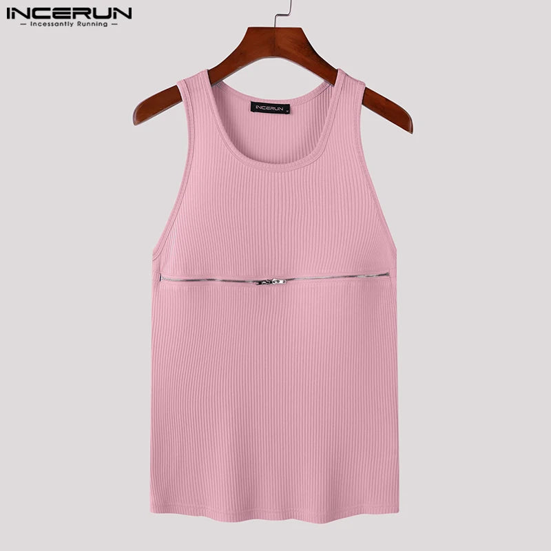 2023 Men Tank Tops Zipper Solid Color Streetwear O-neck Sleeveless Stylish Vests Skinny Summer Casual Men Clothing S-5XL INCERUN