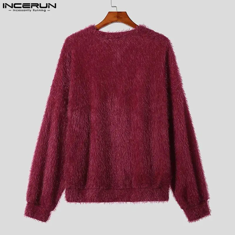 2023 Men Pullovers Solid Color Plush O-neck Long Sleeve Fashion Casual Men Clothing Streetwear Autumn Sweaters S-5XL INCERUN