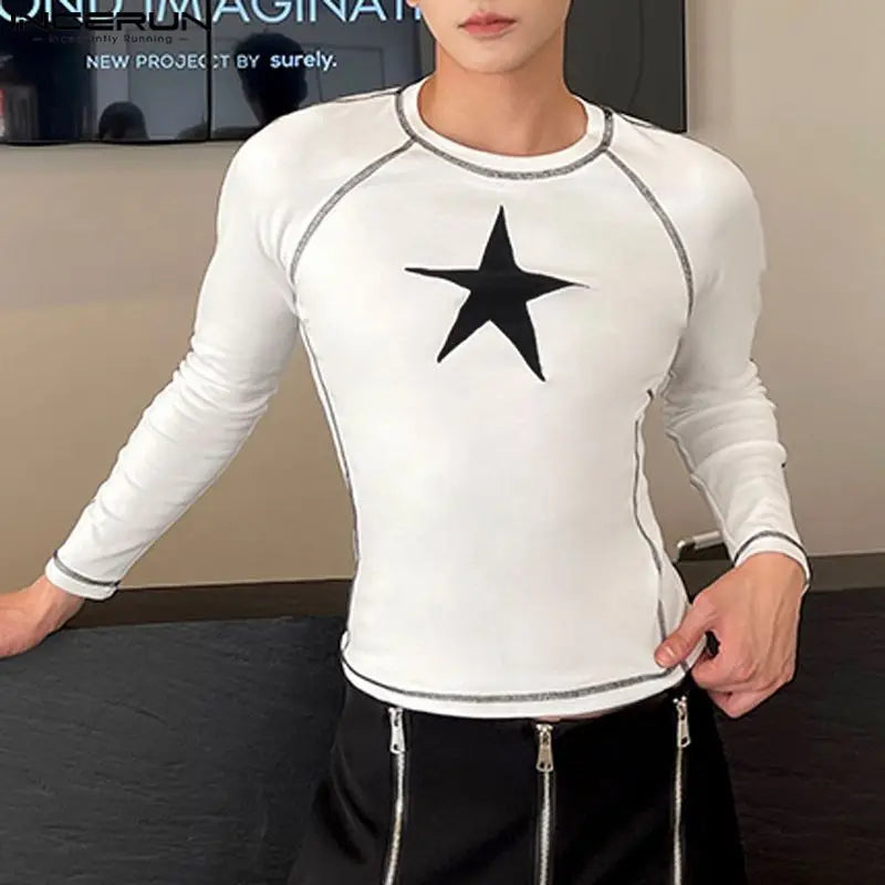 2023 Men T Shirt Printing O-neck Long Sleeve Fitness Streetwear Casual Men Clothing Autumn Korean Style Tee Tops S-5XL INCERUN