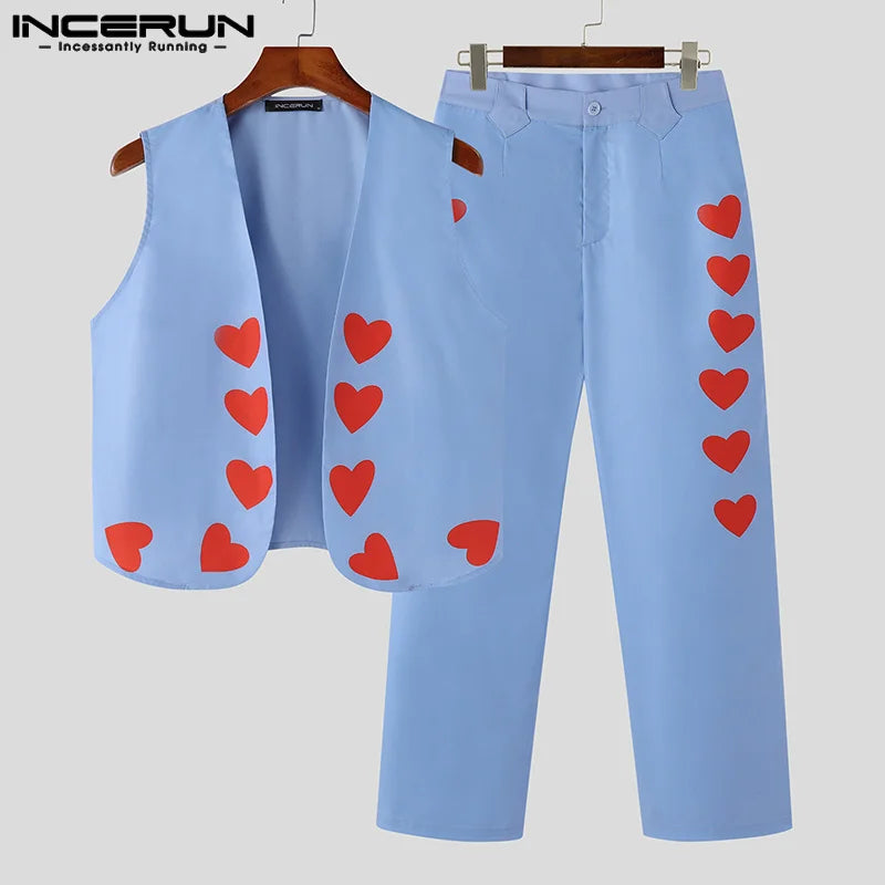 Casual Streetwear Style Sets INCERUN Men's Fashion Suit Love Printed Pattern Short Cardigan Waistcoat Pants Two-piece Sets S-5XL