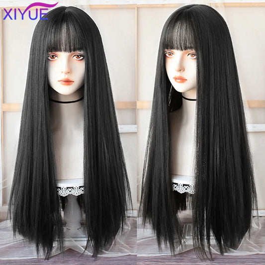 XIYUE Lange, glatte, schwarze Perücke mit Pony, synthetische Perücken für Frauen, hitzebeständiges Naturhaar für die tägliche Halloween-Cosplay-Party