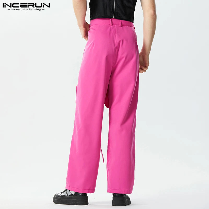 2024 Men Casual Pants Solid Color Joggers Button Bowknot Straight Trousers Men Streetwear Loose Stylish Long Pants S-5XL INCERUN