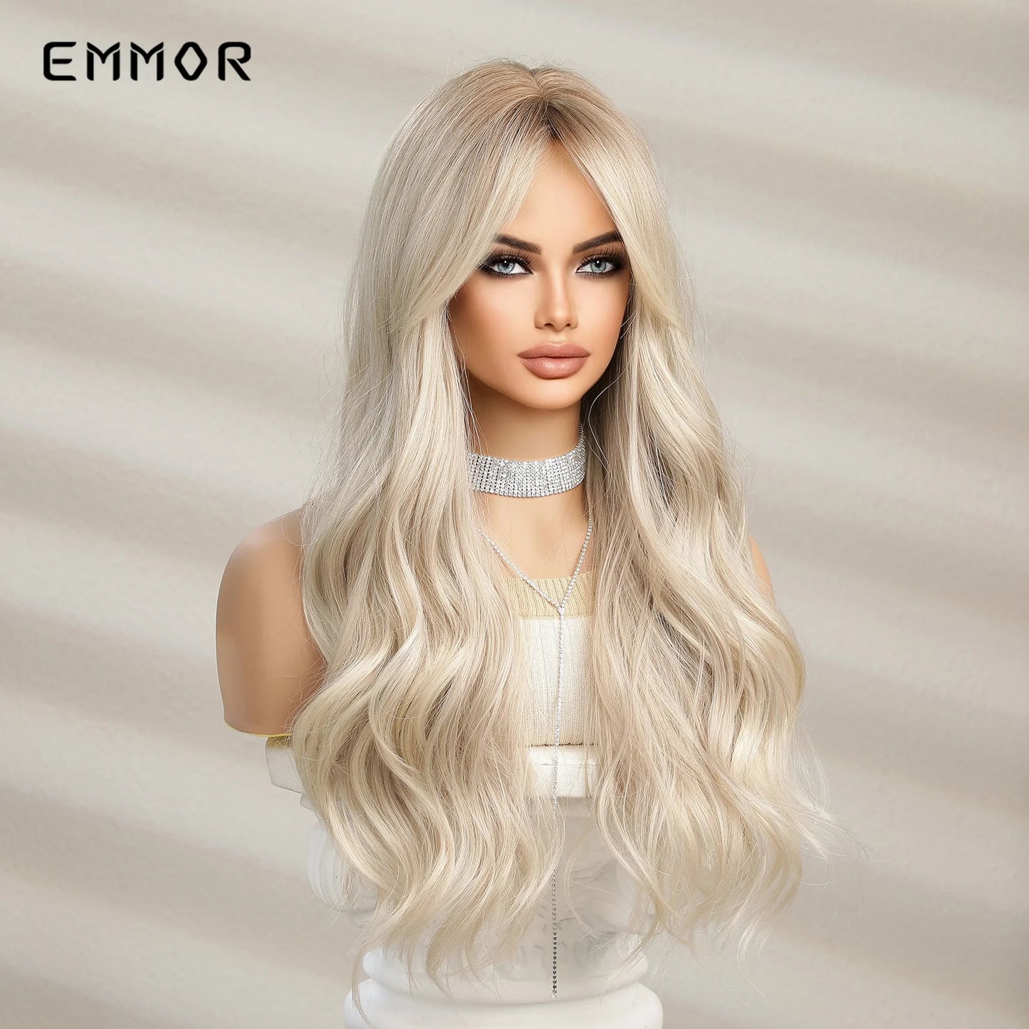 Emmor Ombre Black to Light Blonde Hair Wig Synthetic Long Wavy Wigs with Bangs for Women Cosplay Natural High Temperature Fiber