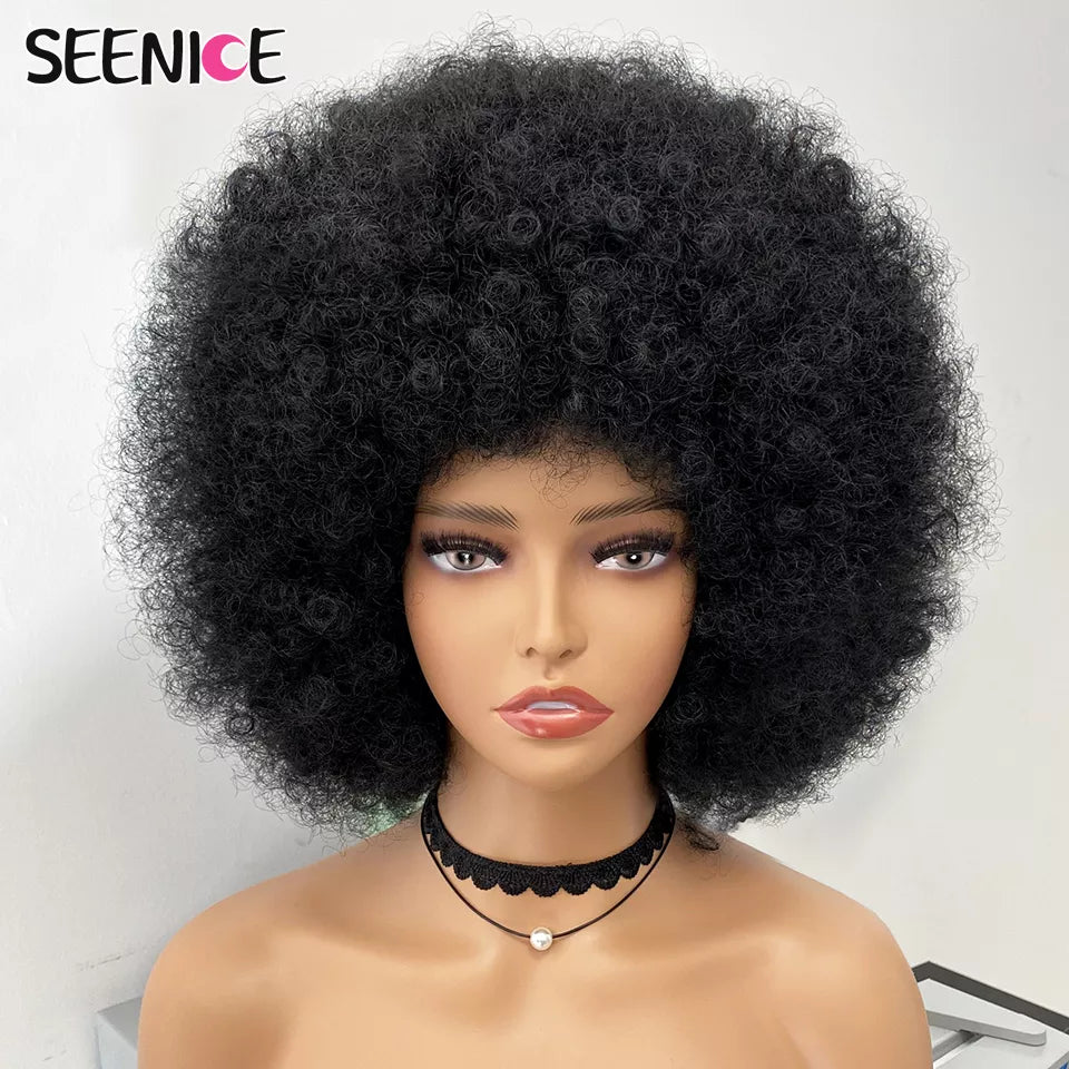 Afro Kinky Curly Perücke mit Pony, kurze, flauschige Haarperücken für schwarze Frauen, synthetisches Ombre, klebefrei, Cosplay, Naturbraun, Schwarz, Rosa