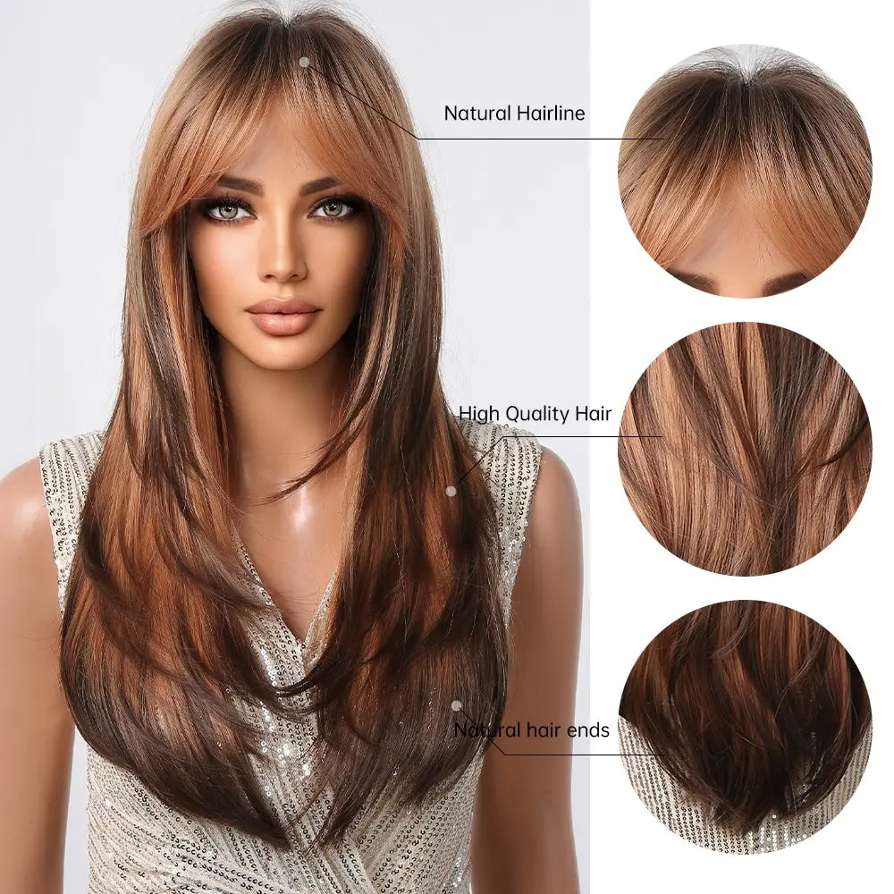 Brown to Light Ash Brown Blonde Wigs with Bangs Layered Synthetic Wigs for Women Long Natural Hair Cospay Party