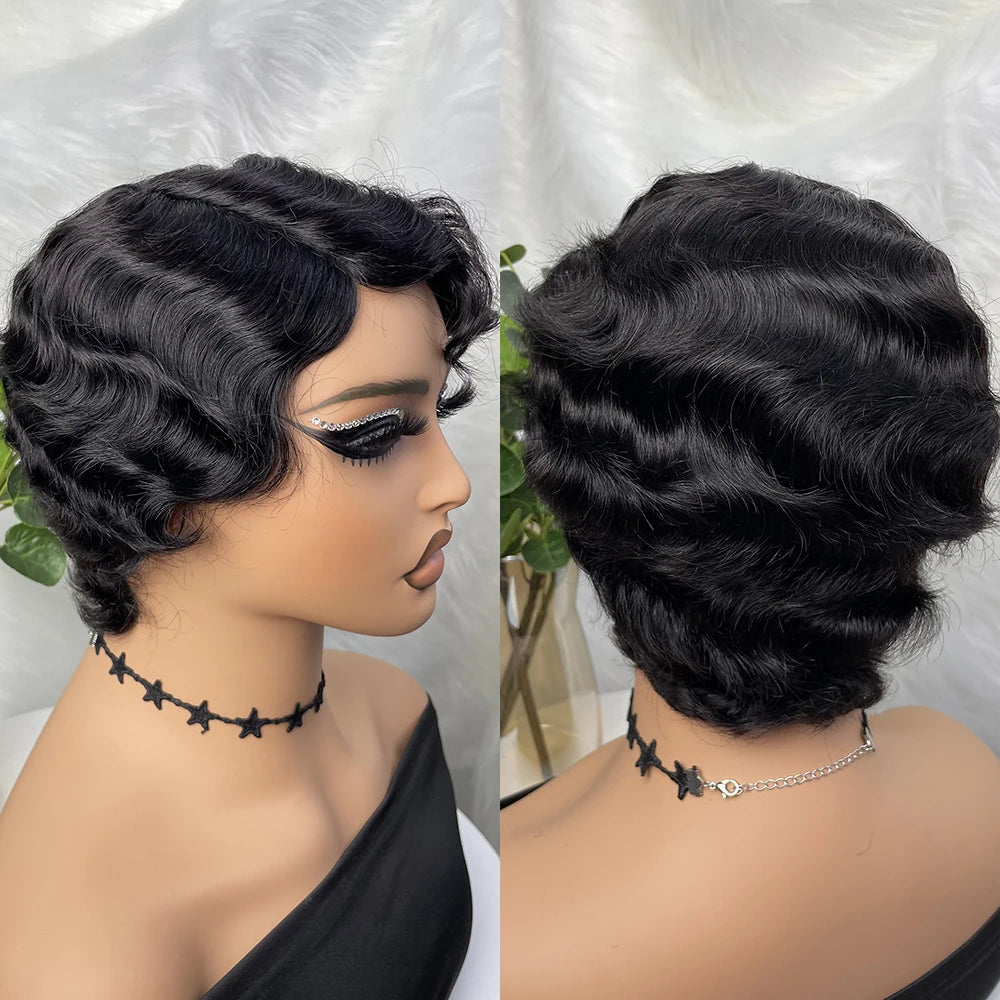 Short Wigs Human Hair Wigs For Women Pixie Cut Human Hair Finger Wave Wig Natural Color Glueless Human Hair Wig Machine Made