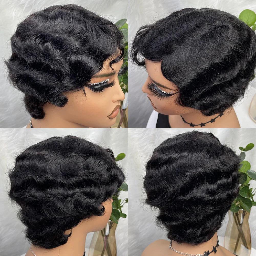 Short Wigs Human Hair Wigs For Women Pixie Cut Human Hair Finger Wave Wig Natural Color Glueless Human Hair Wig Machine Made