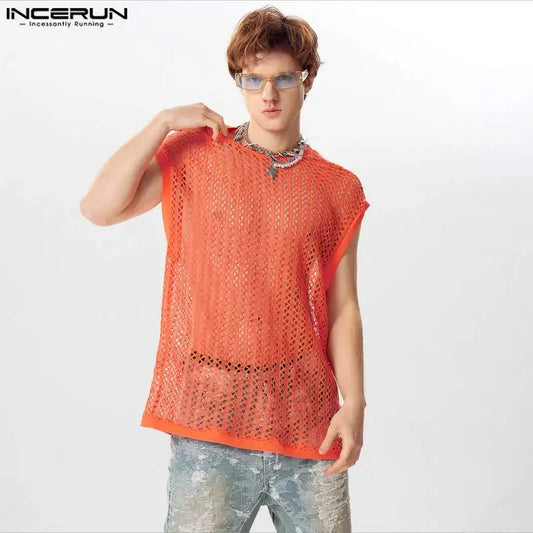 2024 Men Tank Tops Solid Color O-neck Sleeveless Hollow Out Fashion Male Vests Streetwear Transparent Loose Men Clothing INCERUN