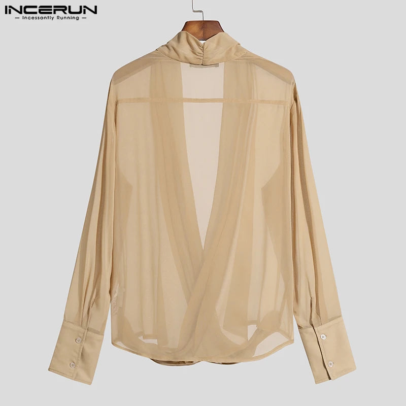 INCERUN Tops 2023 American Style New Men's Fashion Bright Stripes Pile Blouse Casual Solid Color Cross Long Sleeve Shirts S-5XL