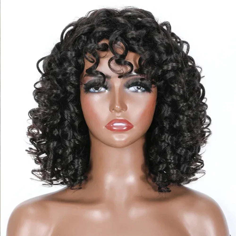 Short Curly Bob Wig Human Hair With Bangs Ready to Go Glueless Bouncy Curly Human Hair Wigs Machine Made Afro Wigs for Women