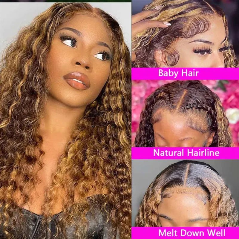 Highlight Water Wave Human Hair Wig Highlighted Curly Lace Front Wigs For Women Brazilian Lace Closure Wig Pre Plucked Cheap Wig