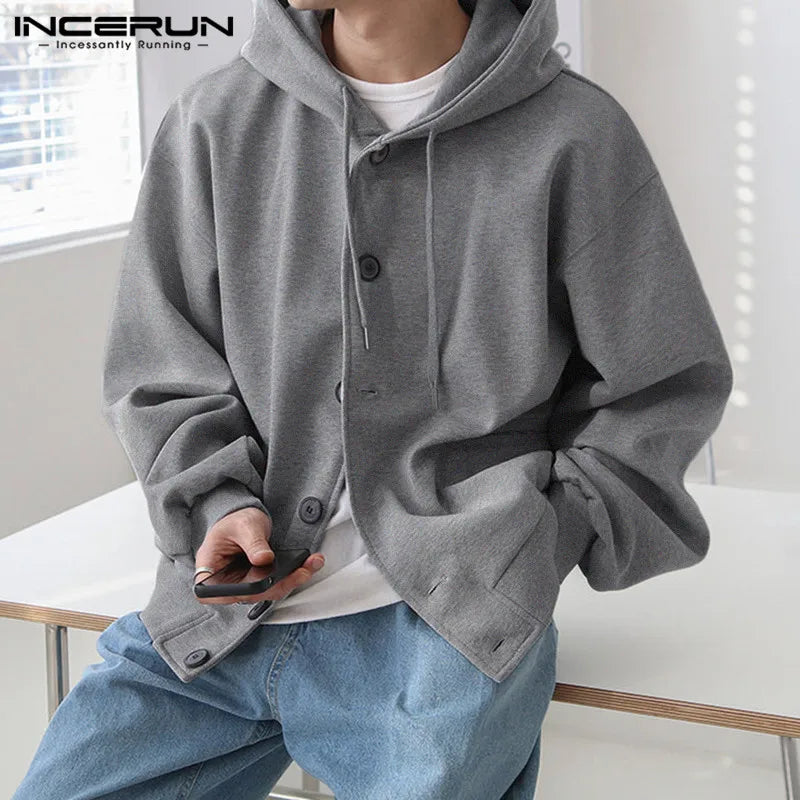 INCERUN Tops 2023 Korean Style Mens Solid Loose Fitting Hooded Button Design Sweater Casual All-match Hot Sale Sweatshirts S-5XL