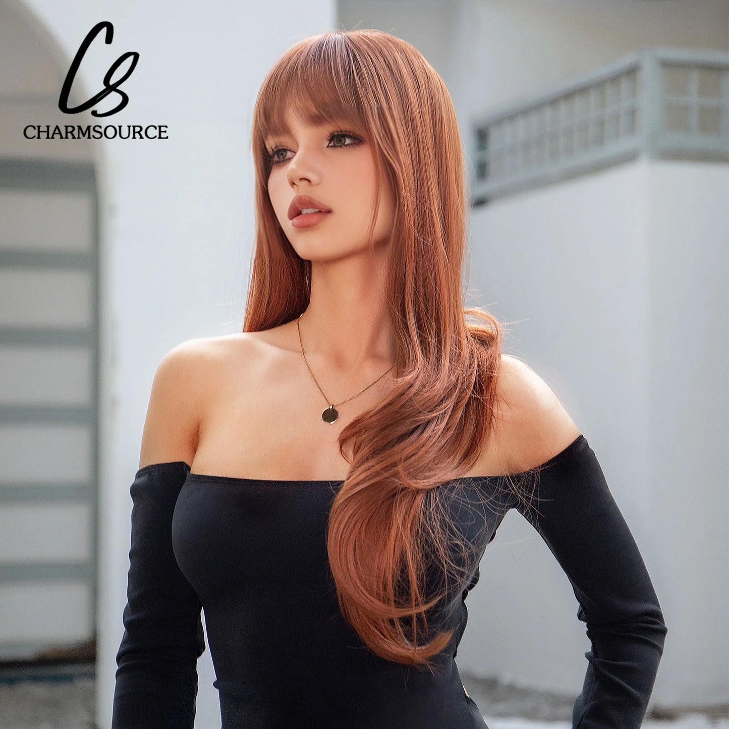 Long Straight Wig with Bangs Orange Iron Red Ginger Synthetic Wigs Daily Party Cosplay Wig for Women Heat Resistant Fiber Hair