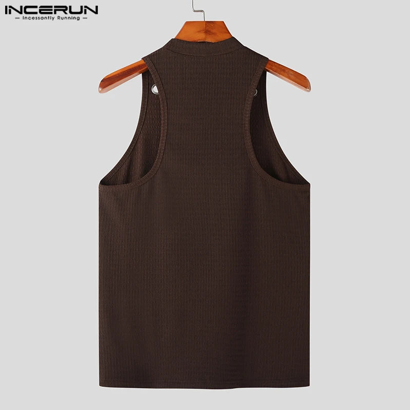 2023 Men Tank Tops Hollow Out Solid Turtleneck Sleeveless Fashion Male Vests Streetwear Summer Casual Men Clothing S-5XL INCERUN