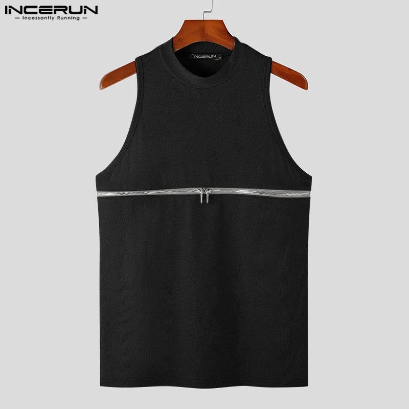 Men Tank Tops Zipper Turtleneck Sleeveless Summer Fitness Solid Vests Streetwear 2023 Fashion Casual Men Clothing S-5XL INCERUN