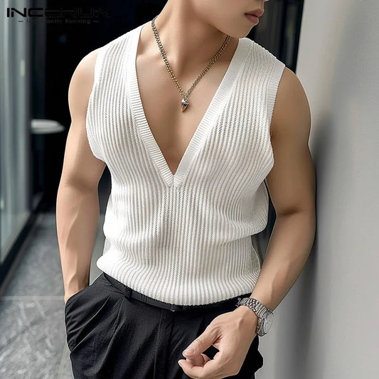 2024 Men Tank Tops Striped Hollow Out V Neck Sleeveless Male Vests Streetwear Summer Transparent Fashion Men Clothing INCERUN