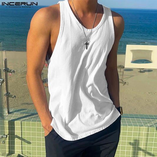 2024 Men's Tank Tops Solid Color Round Neck Sleeveless Summer Male Vests Streetwear Fashion Casual Men Clothing S-5XL INCERUN