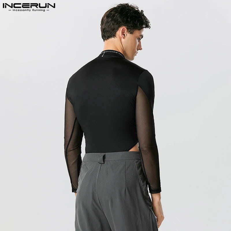 INCERUN Men Bodysuits Turtleneck Long Sleeve Mesh Transparent Sexy Rompers T Shirts Men 2023 Fitness Fashion Bodysuit S-5XL