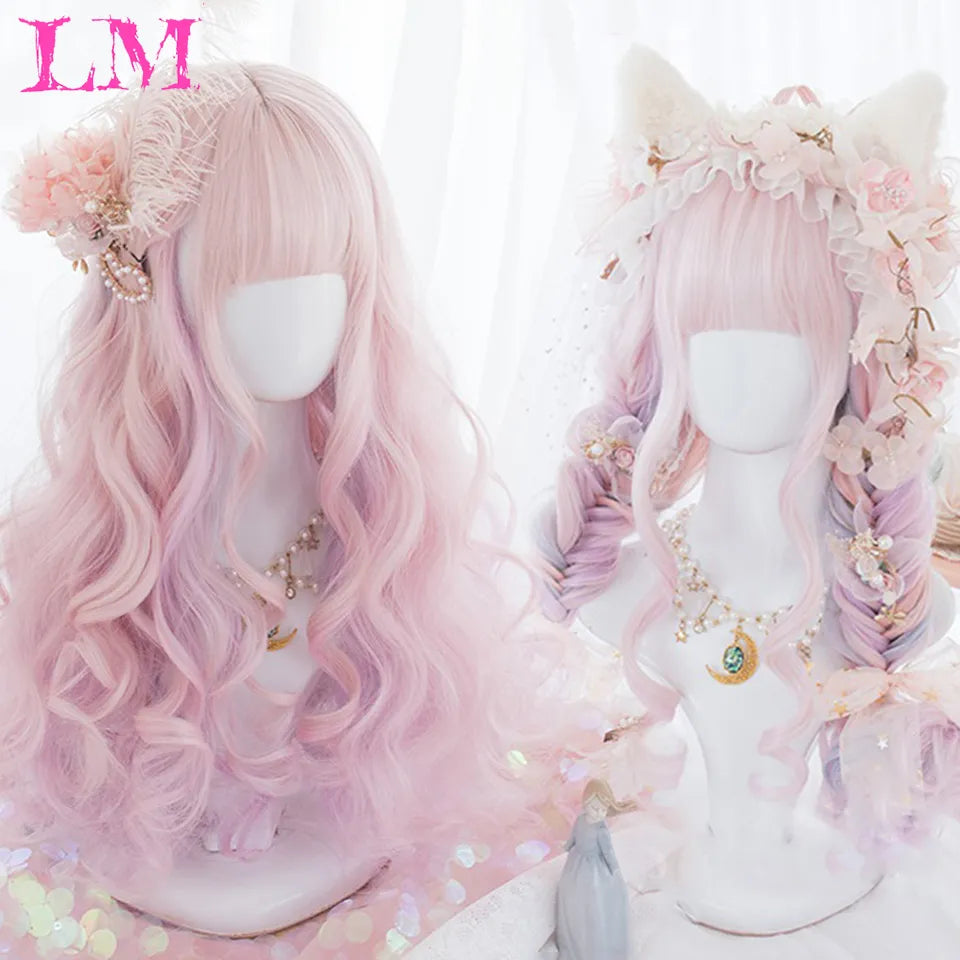 LM Synthetic Wig Long Ombre Pink Wigs Natural Wavy Heat Resistant Fiber for Women Halloween Cosplay Lolita Harajuku Daily Wig