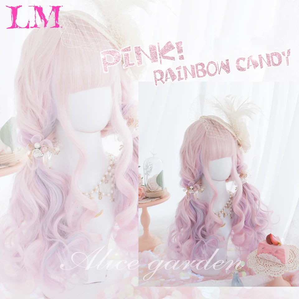 LM Synthetic Wig Long Ombre Pink Wigs Natural Wavy Heat Resistant Fiber for Women Halloween Cosplay Lolita Harajuku Daily Wig