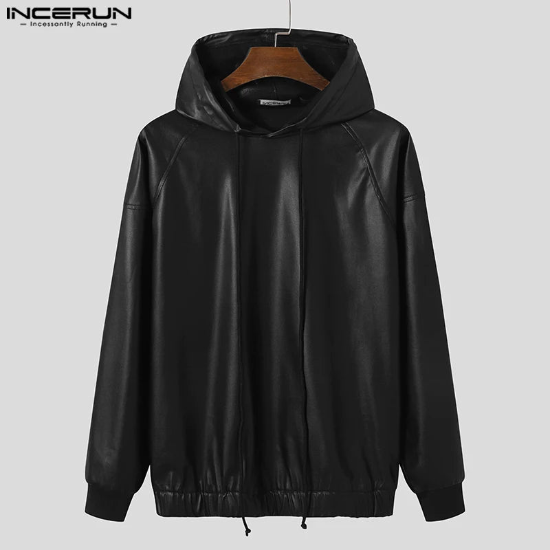 INCERUN 2023 Fashion Men Sweatshirts PU Leather Hooded Long Sleeve Hoodies Streetwear Solid Color Punk Casual Men Pullover 5XL 7