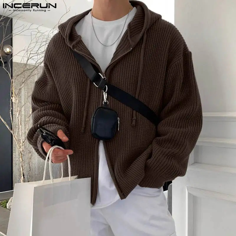 INCERUN Tops 2023 Korean Style Men Hooded Pit Knitted Sweater Casual Streetwear Male Double Head Zipper Long Sleeve Hoodie S-5XL