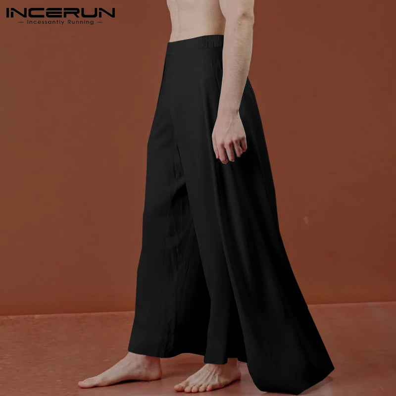 INCERUN 2024, pantalones para hombre, ropa de calle holgada con cintura elástica, pantalones de pierna ancha de Color sólido, pantalones irregulares informales translúcidos para hombre, S-5XL