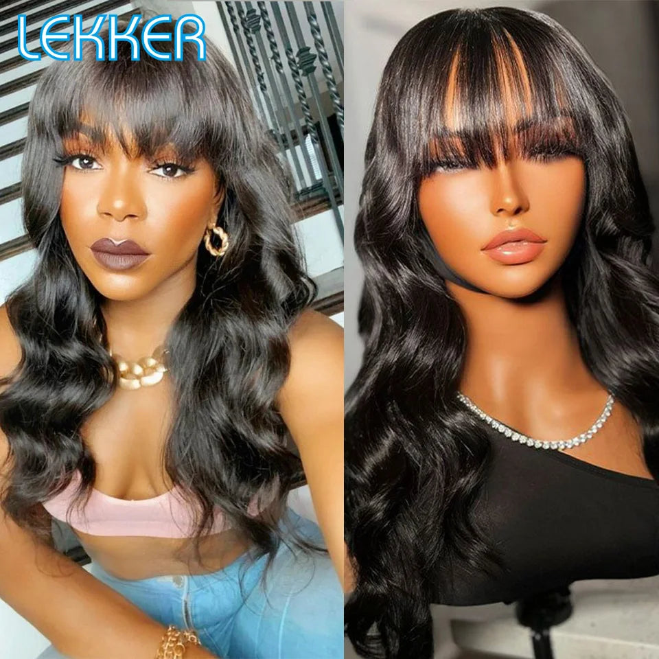 Lekker Wear to go Natural Body Wave Human Hair Wig With Bangs For Women Brazilian Remy Hair Glueless Long Wavy Fringe Bob Wigs