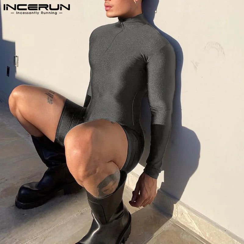 INCERUN 2023 Men Rompers Solid Turtleneck Long Sleeve Streetwear Skinny Shorts Casual Men Jumpsuits Zipper Sexy Overalls S-5XL