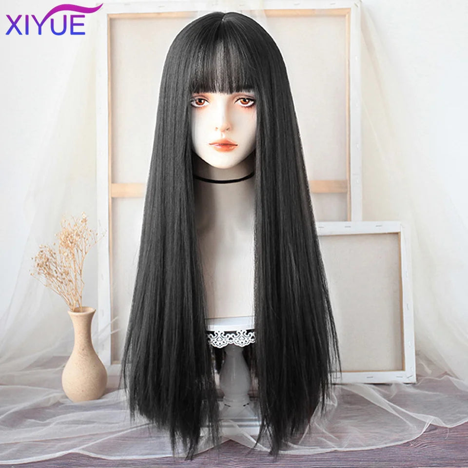 XIYUE-peluca negra larga y recta con flequillo, pelucas sintéticas para mujer, pelo Natural resistente al calor para fiesta diaria de Halloween, Cosplay