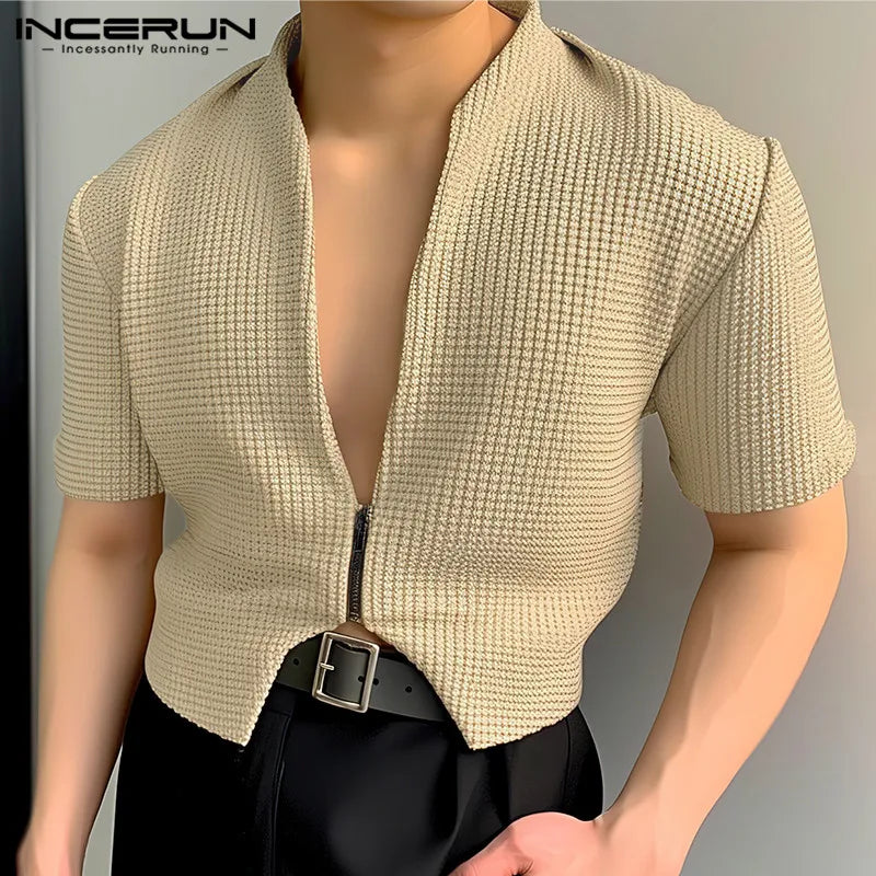 2024 Men Shirt Solid Color V Neck Short Sleeve Zipper Streetwear Men Clothing Stylish Casual Irregular Crop Tops S-5XL INCERUN