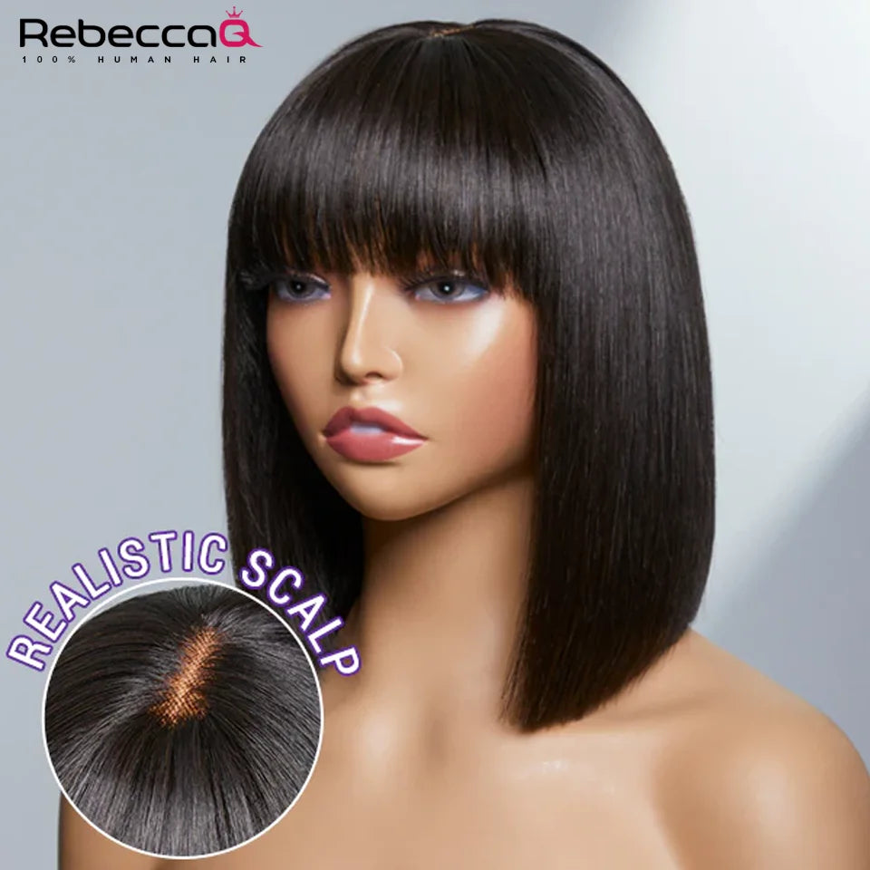 Short Bob Wig With Bangs Glueless Human Hair Wig Ready to Go Straight Hair Bob Wigs Brazilian Remy Full Machine Wigs for Women