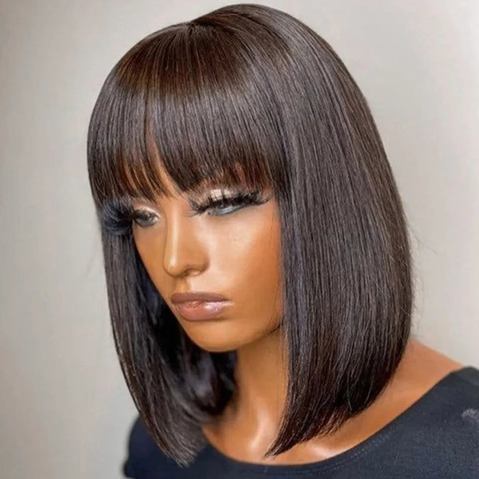 Brazilian Short Straight Hair Bob Wigs Human Hair Wig With Bangs Remy Full Machine Made Wig for Women Non Lace Glueless Bob Wig