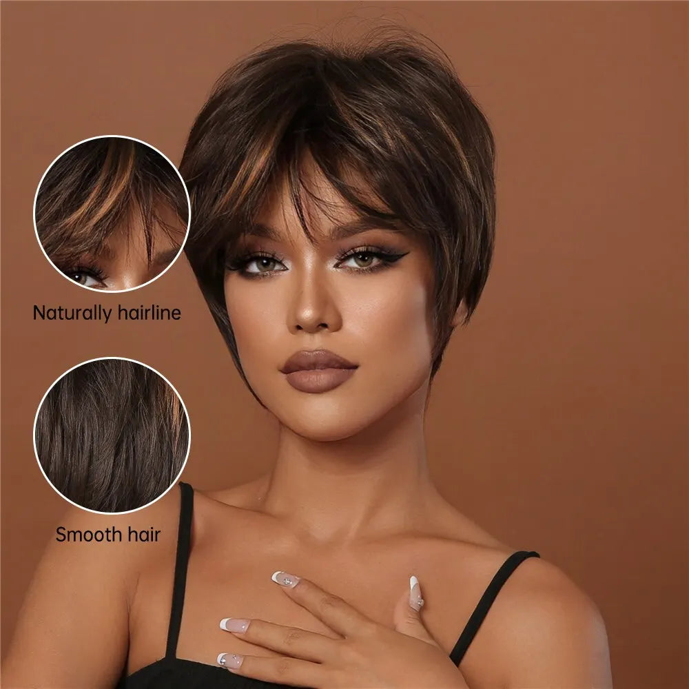 Brown Synthetic Hair Wigs for Black Women Short Pixie Cut Hair Wigs With Bangs Party Daily Use Wig Natural Hair Heat Resistant